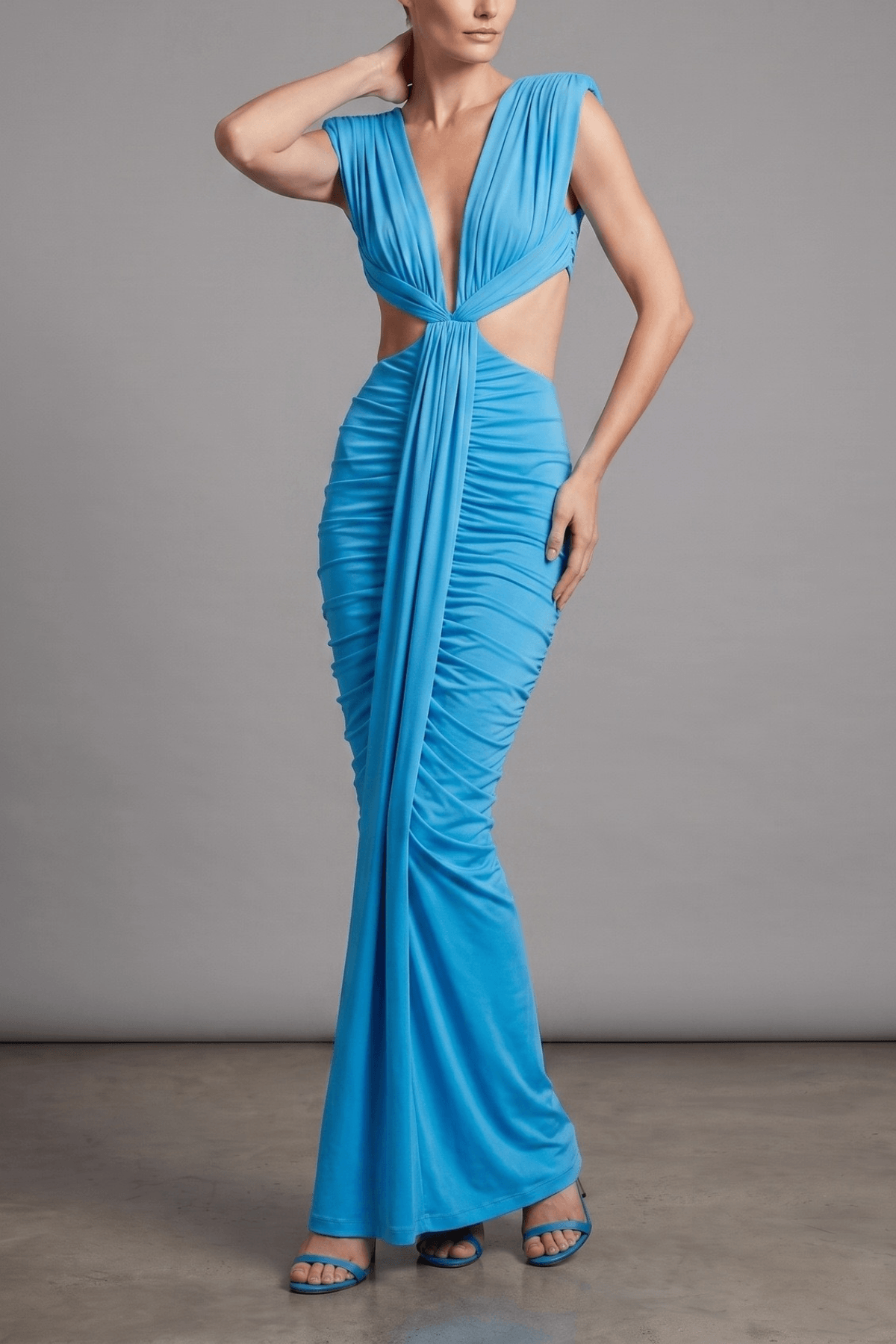 Clara Blue Deep V Cutout Ruched Midi Dress Avalabel