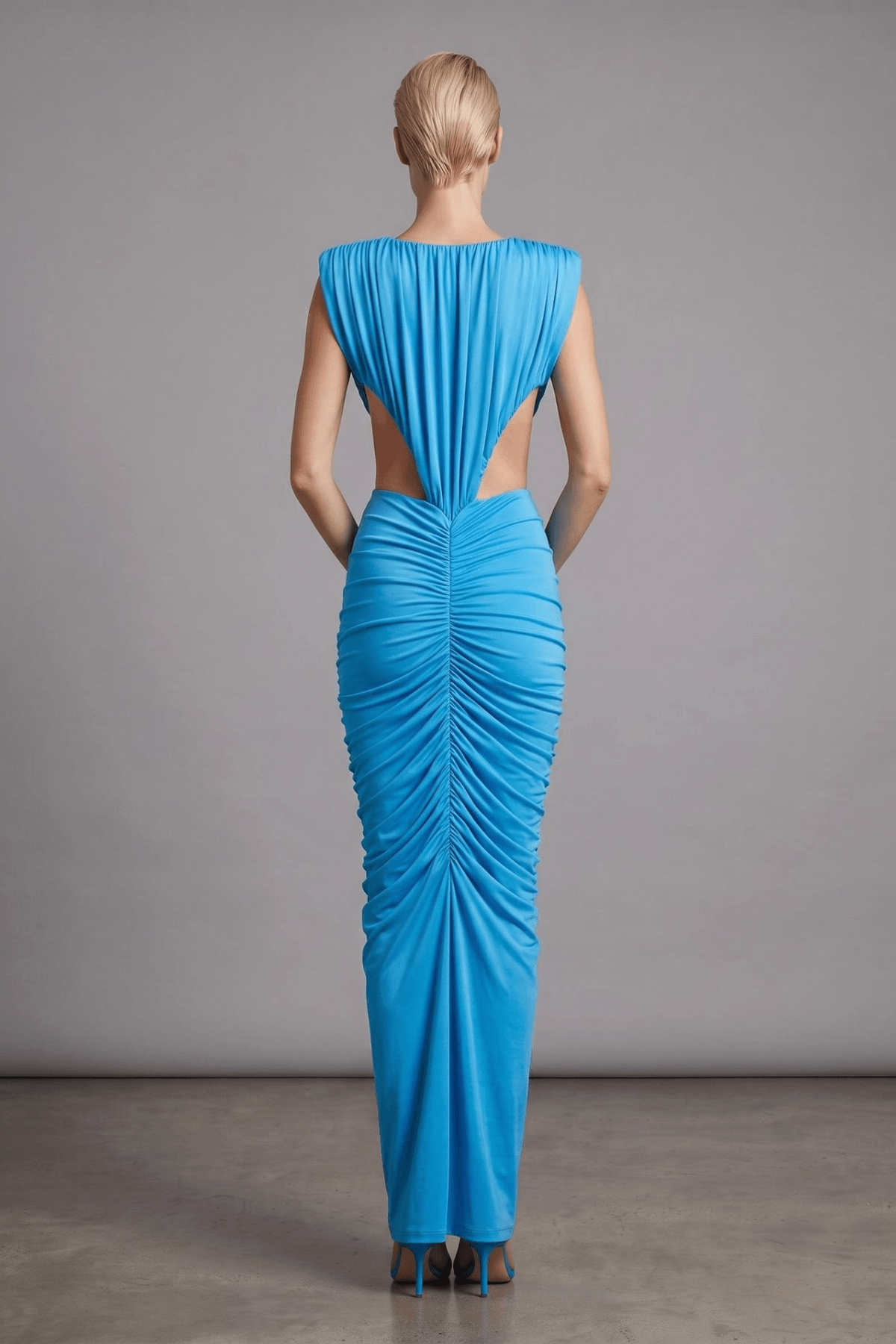 Clara Blue Deep V Cutout Ruched Midi Dress
