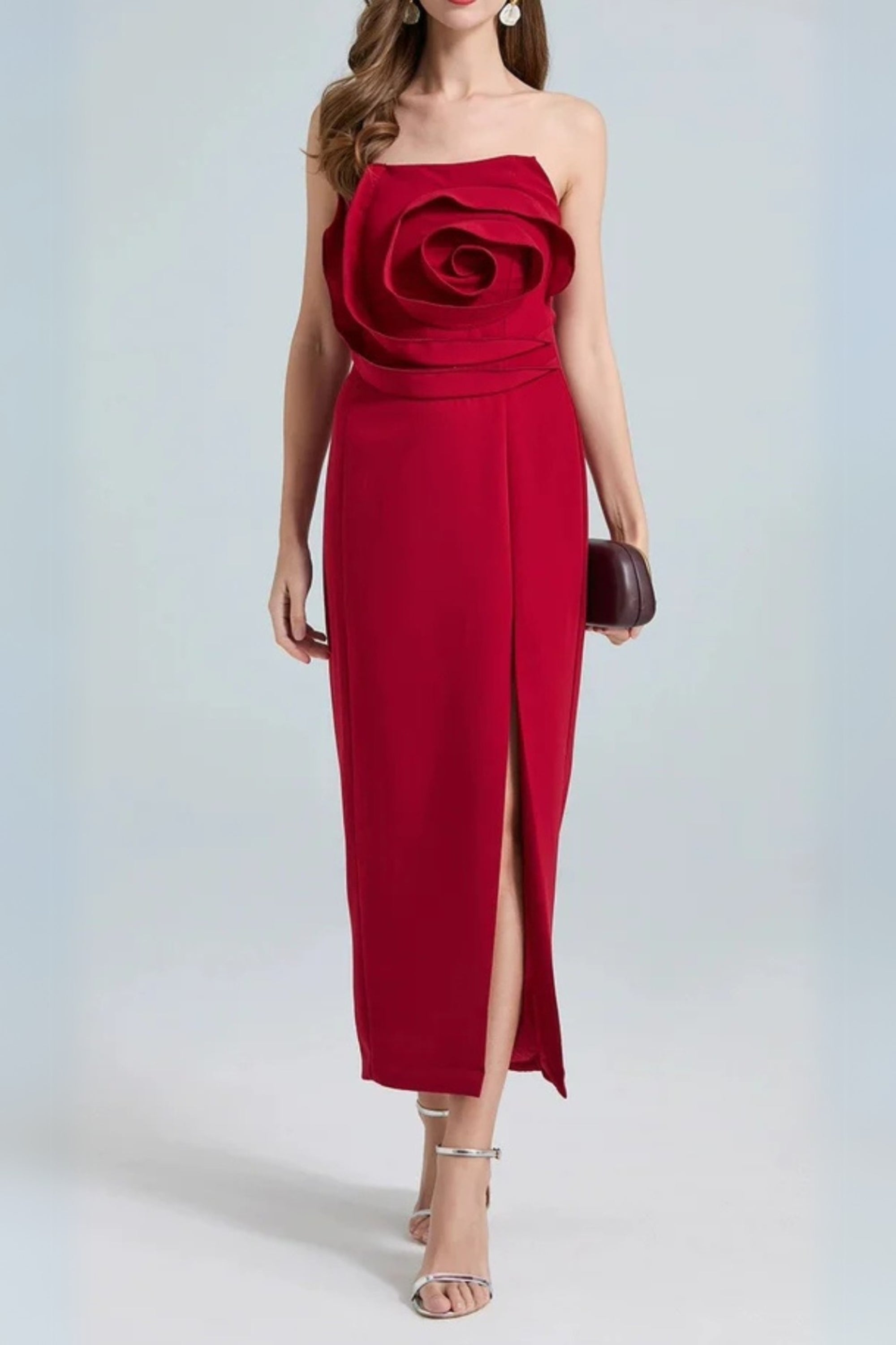 Michelle 3D Flower Strapless Midi Dress in Red Avalabel
