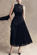 Bonnie Elegant Black Lace Pleated Maxi Dress Avalabel
