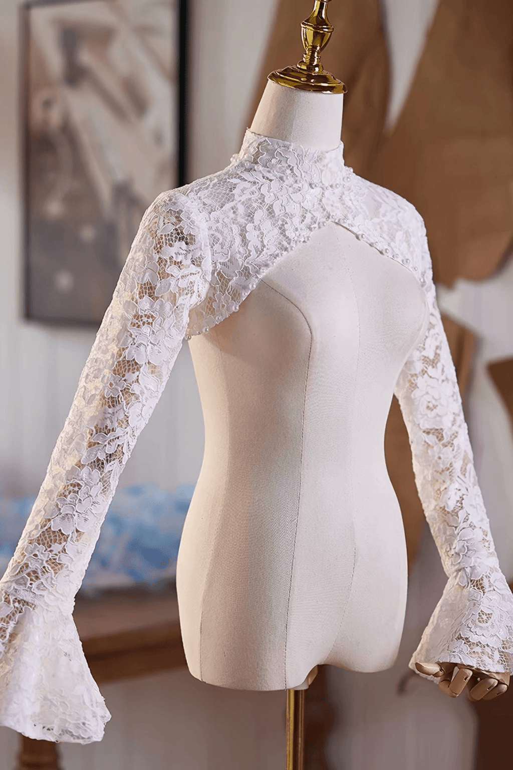 High Neck White Lace Detachable Sleeves Avalabel