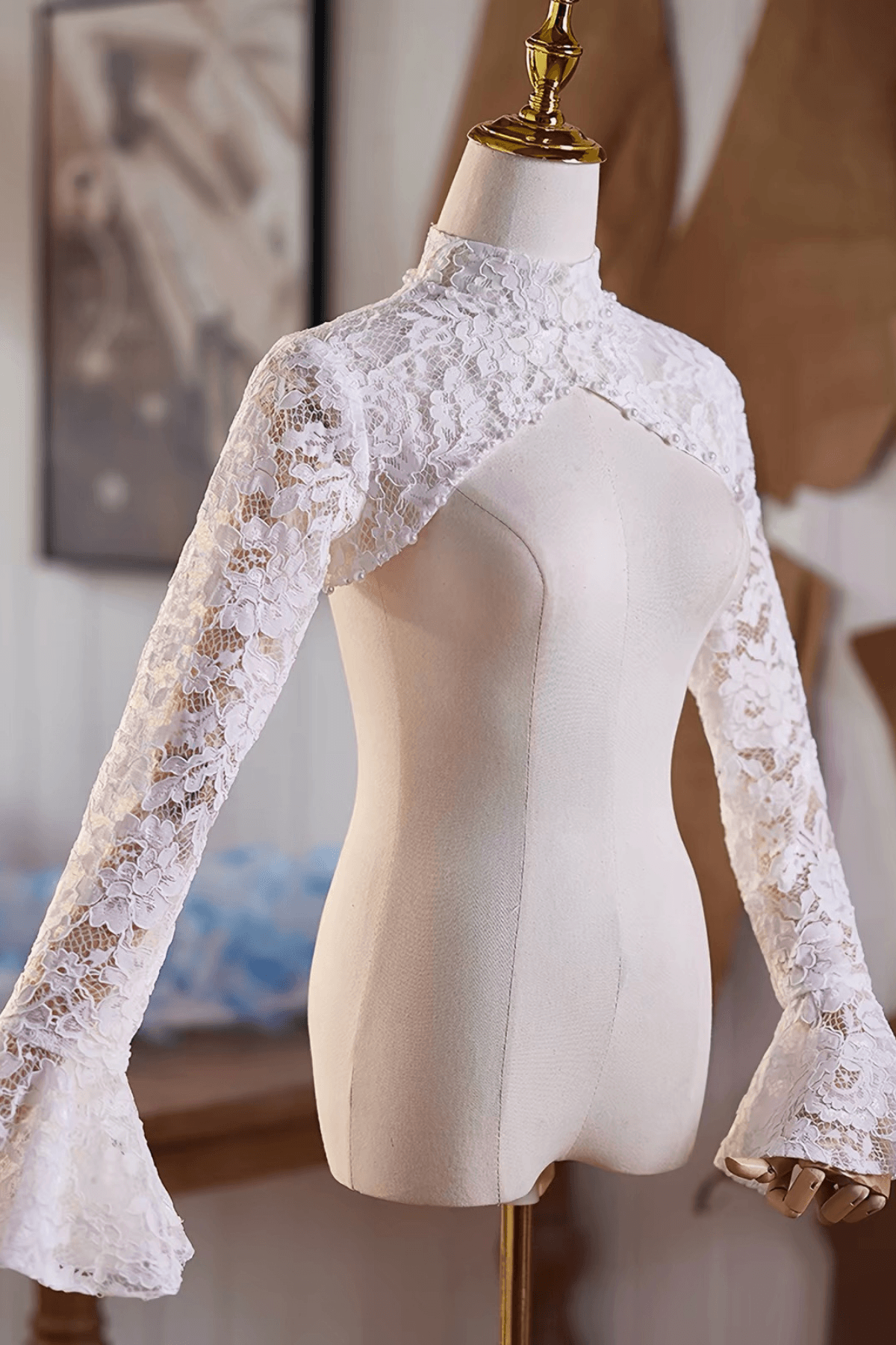 High Neck White Lace Detachable Sleeves Avalabel