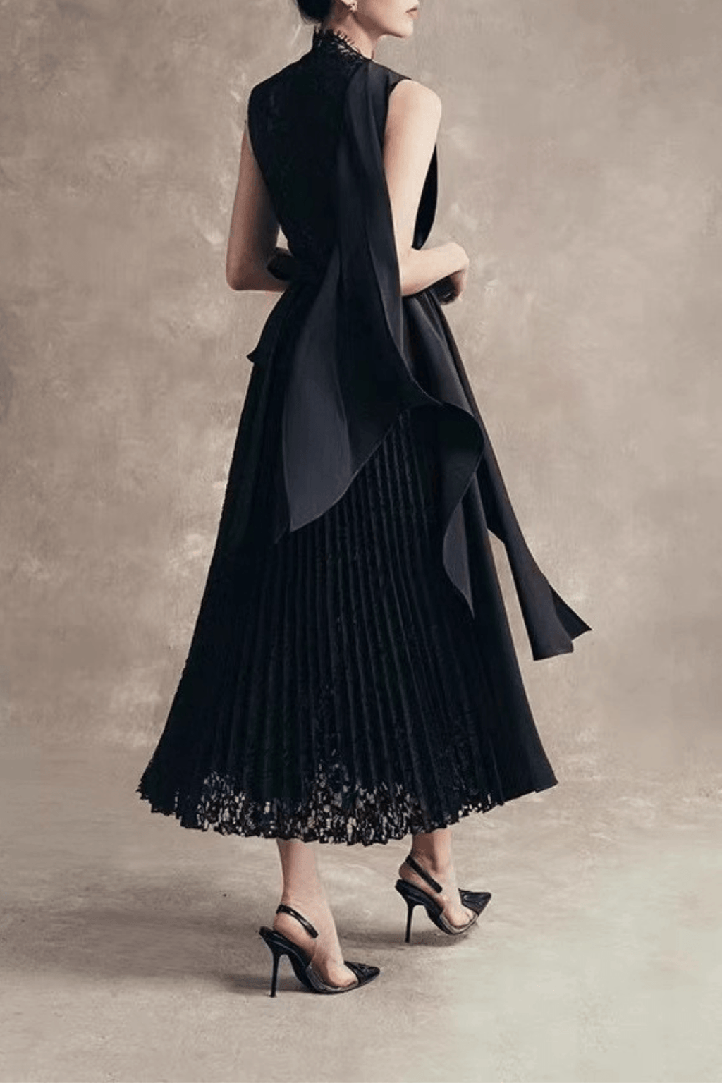 Bonnie Elegant Black Lace Pleated Maxi Dress Avalabel