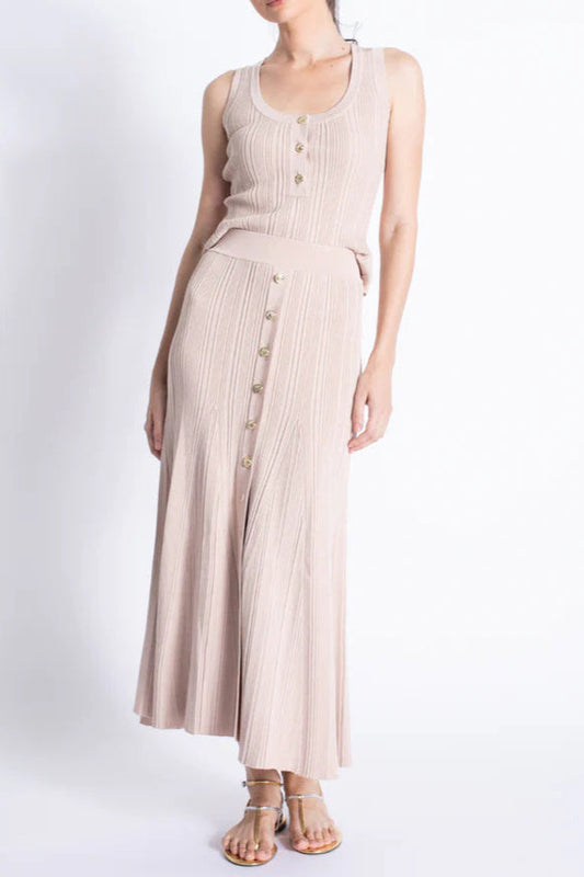 Eartha Sleeveless Knitted Dress Top Skirt Set in Apricot