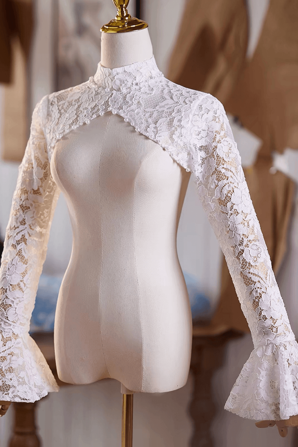 High Neck White Lace Detachable Sleeves Avalabel