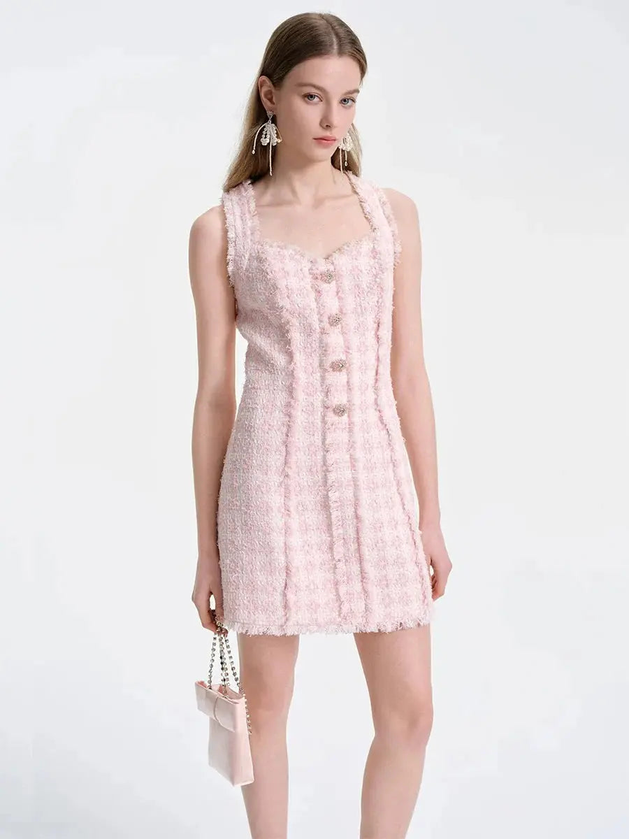 ophelia Pink square neck Tweed Trim mini Dress Avalabel