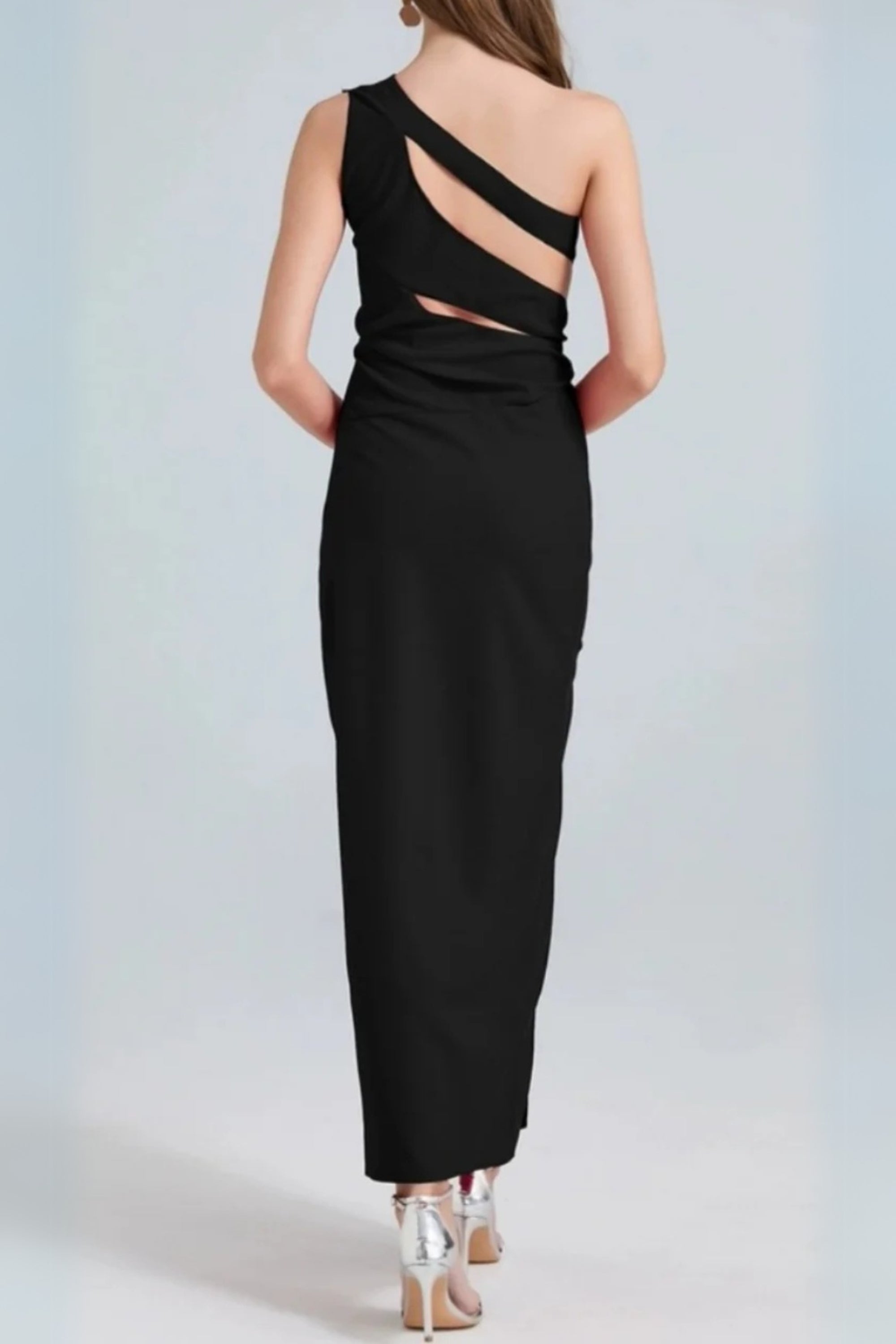 One-Shoulder Cutout Side Slit Maxi Dress in Black Avalabel