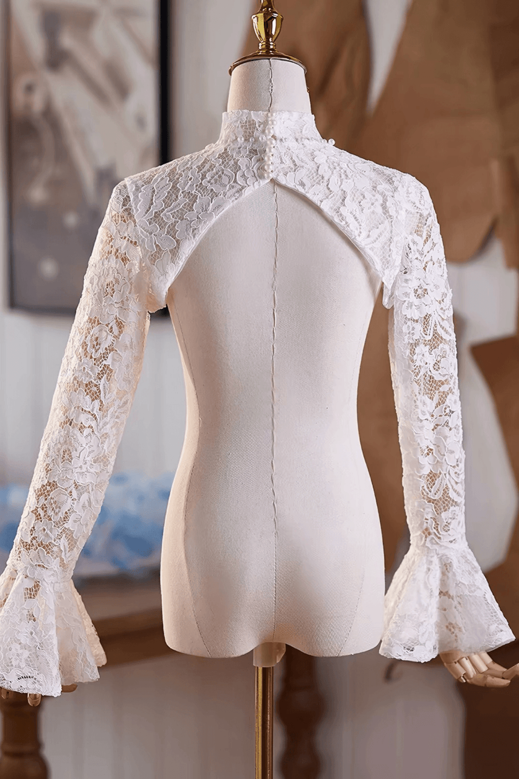 High Neck White Lace Detachable Sleeves Avalabel