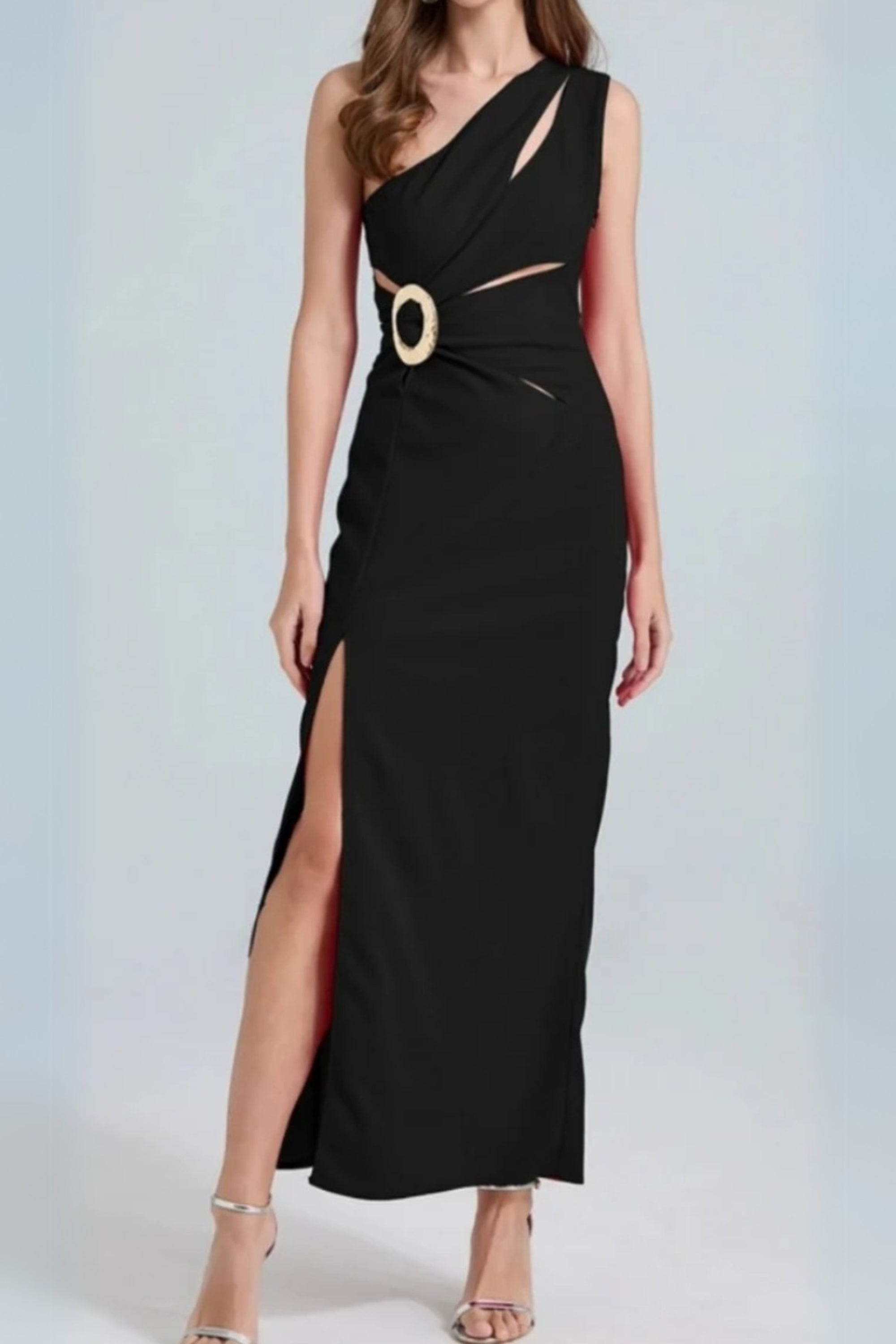 One-Shoulder Cutout Side Slit Maxi Dress in Black Avalabel