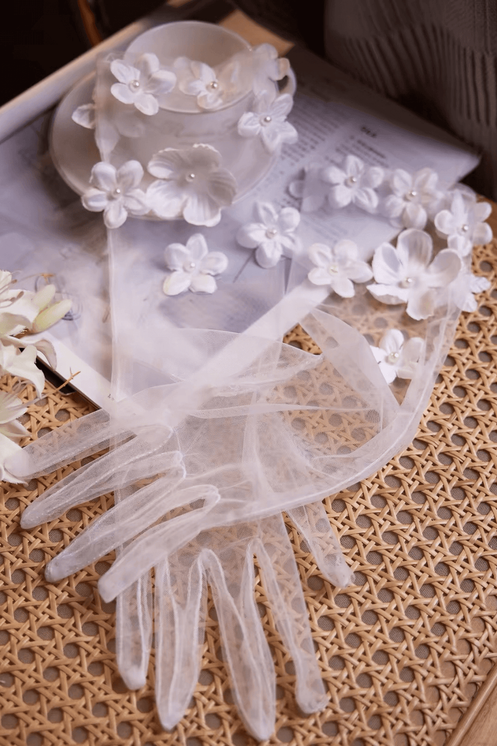 3D Pearl Flower Decor Sheer Tulle Long Gloves Avalabel