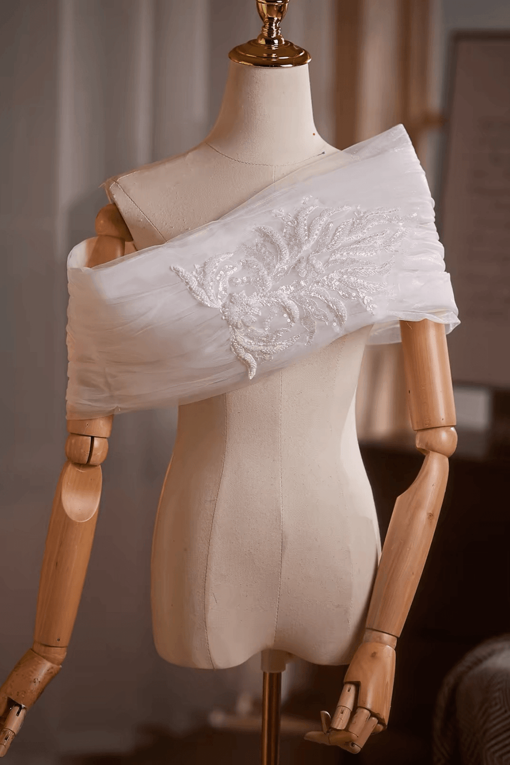 White Sheer Tulle Off‑Shoulder Beaded Embroidery Shawl Avalabel