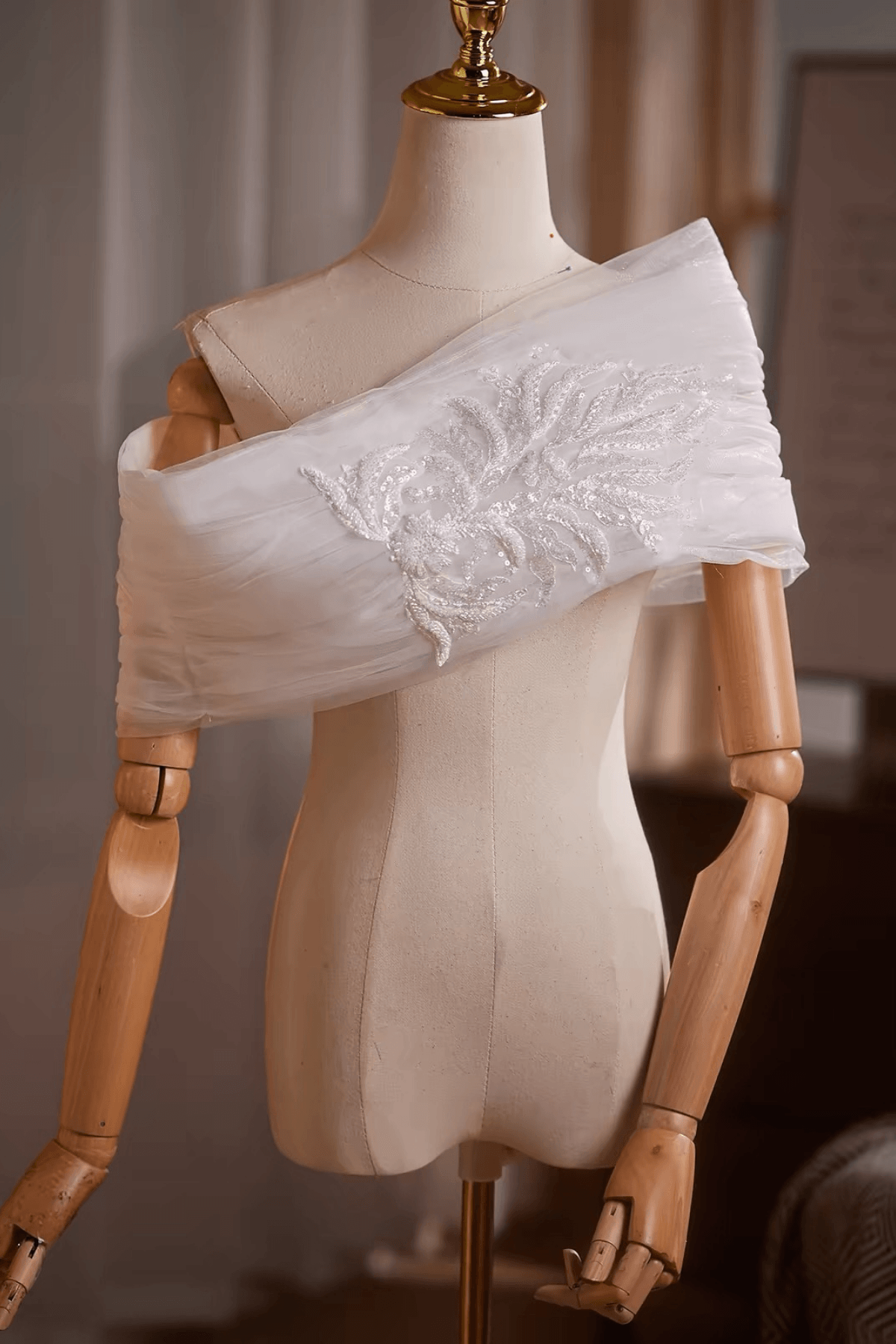 White Sheer Tulle Off‑Shoulder Beaded Embroidery Shawl Avalabel