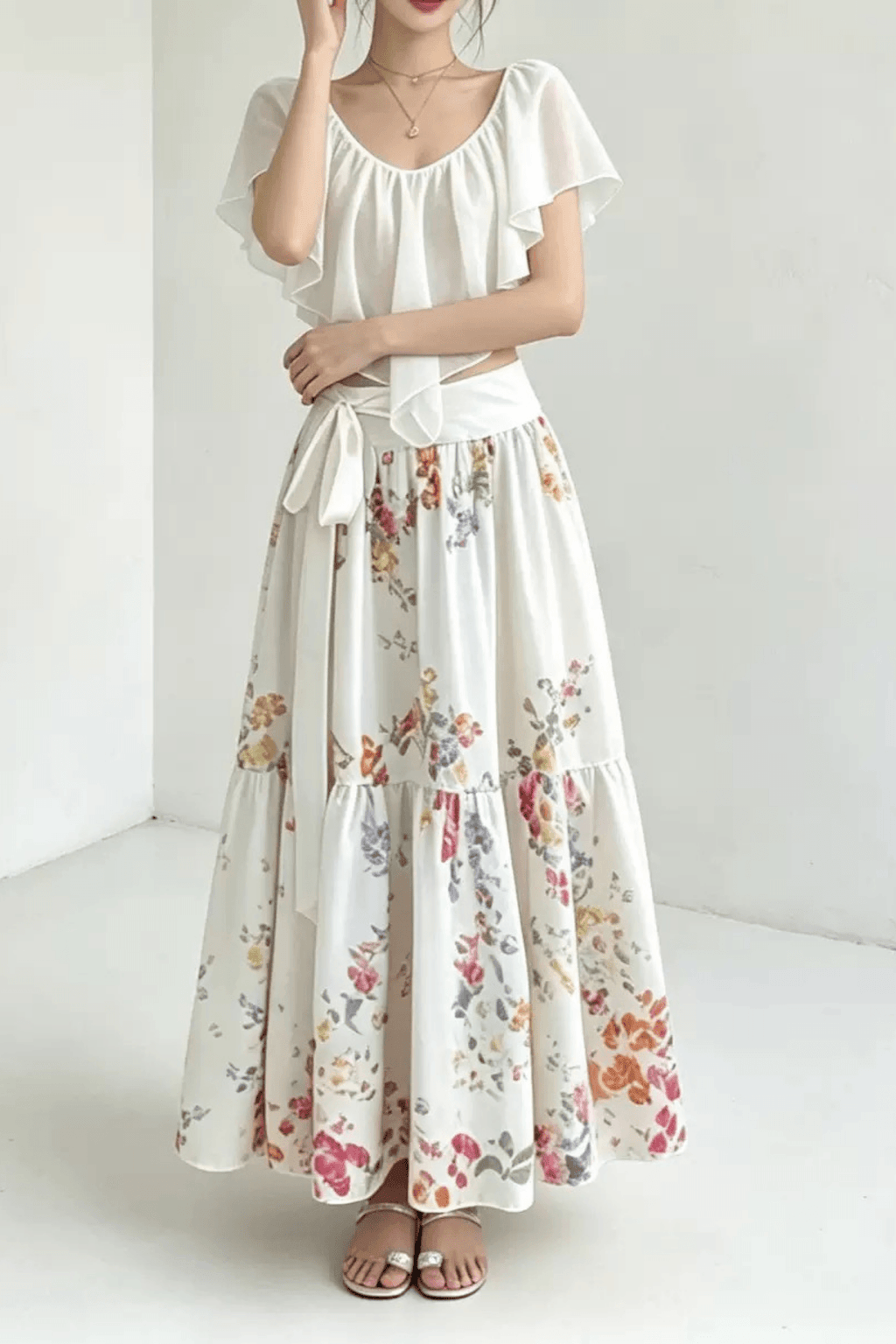 Lexi Ruffle Crop Top and Floral Skirt Two Piece Set Avalabel