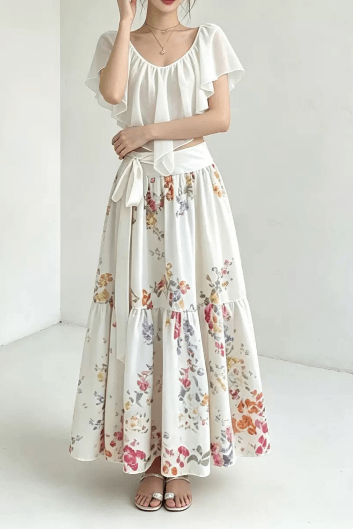 Lexi Ruffle Crop Top and Floral Skirt Two Piece Set Avalabel