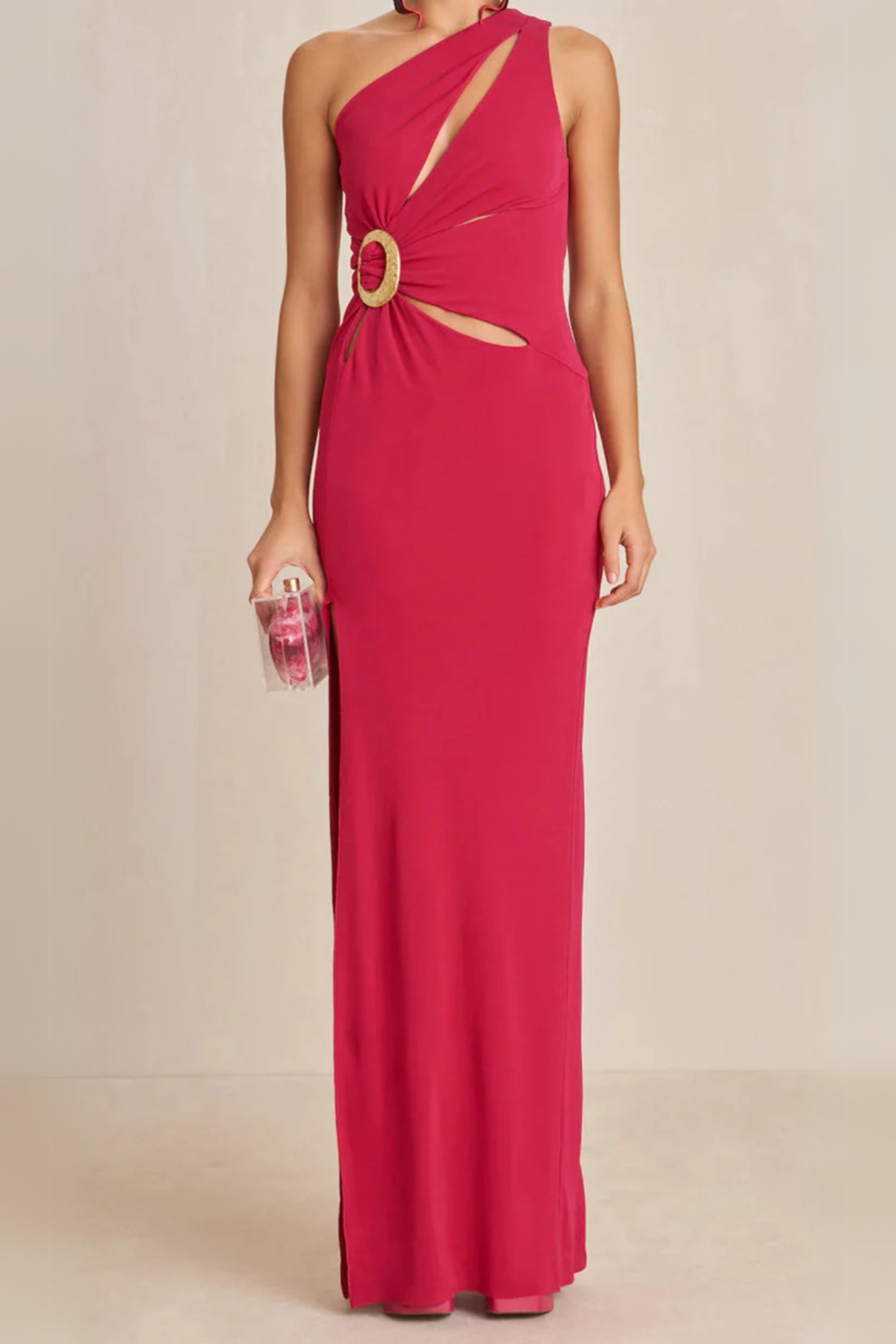 One-Shoulder Cutout Side Slit Maxi Dress In Magenta Avalabel
