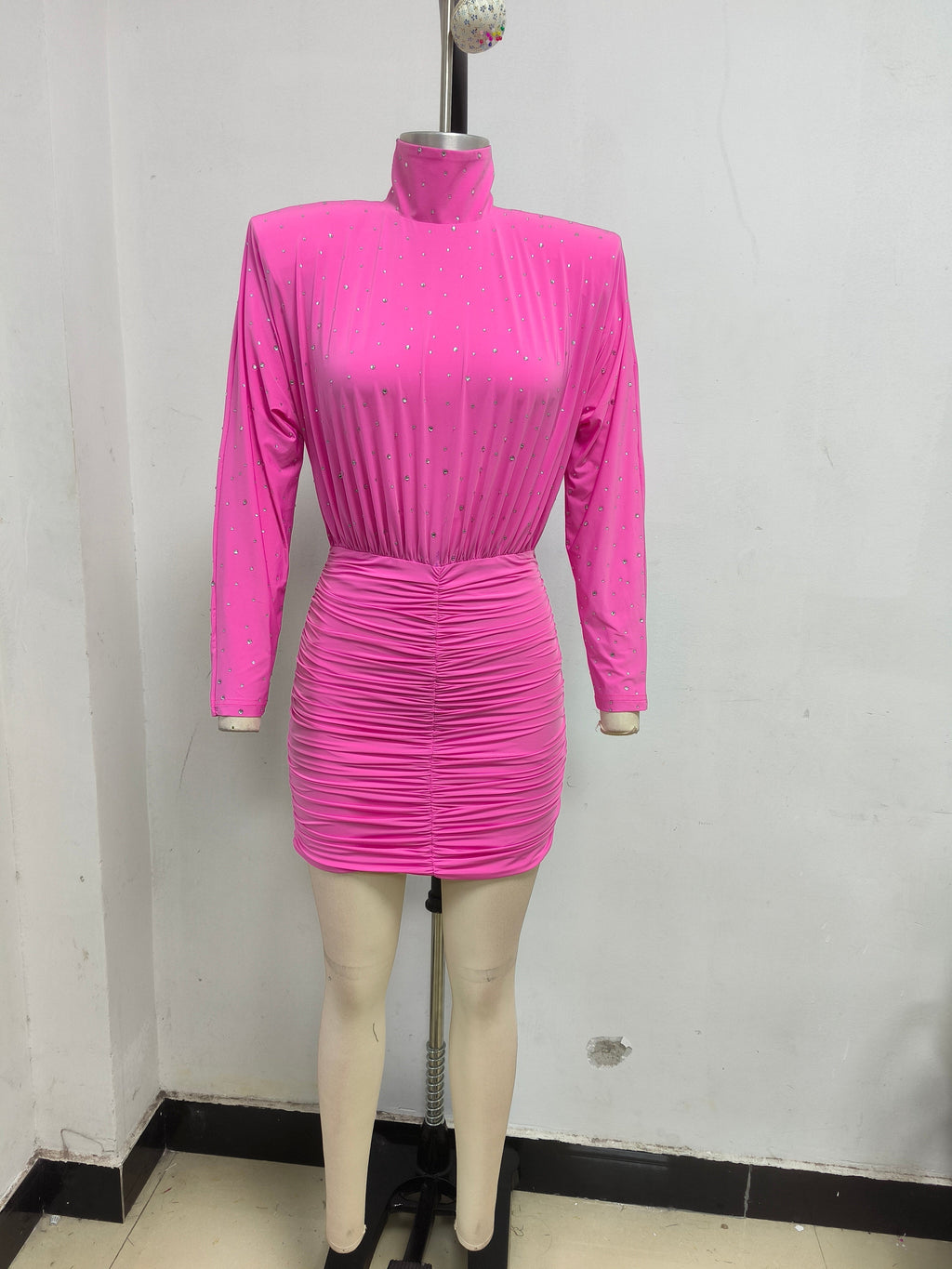 Crystal Embellished Ruched Bodycon Mini Dress in Pink Avalabel