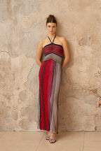 Ulysse Red Metallic Knit Halterneck Maxi Dress Avalabel