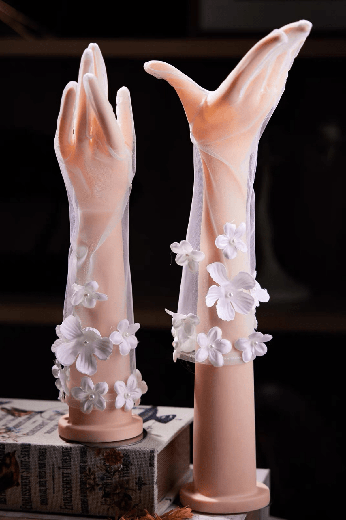 3D Pearl Flower Decor Sheer Tulle Long Gloves Avalabel