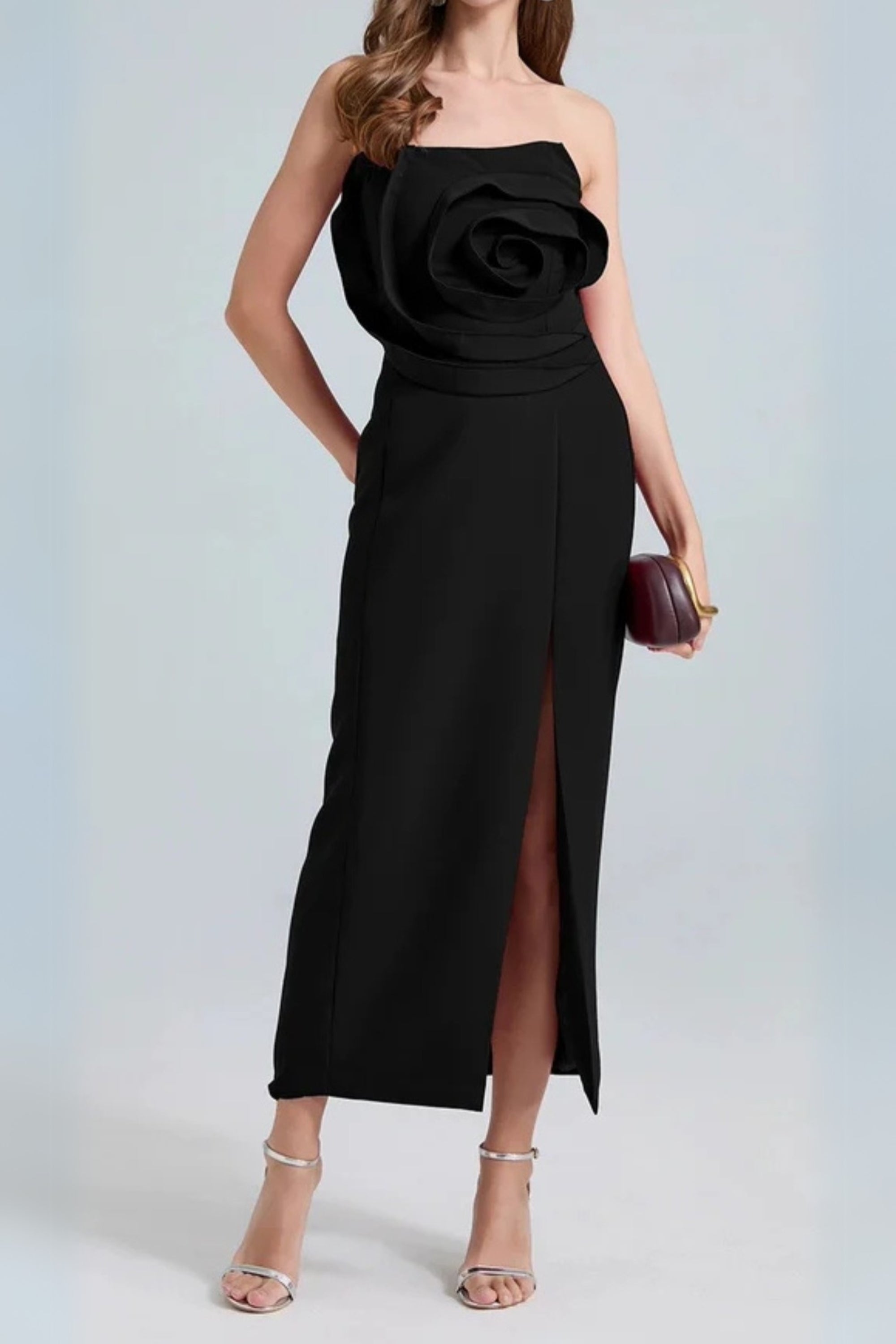 Michelle 3D Flower Strapless Midi Dress in Black Avalabel