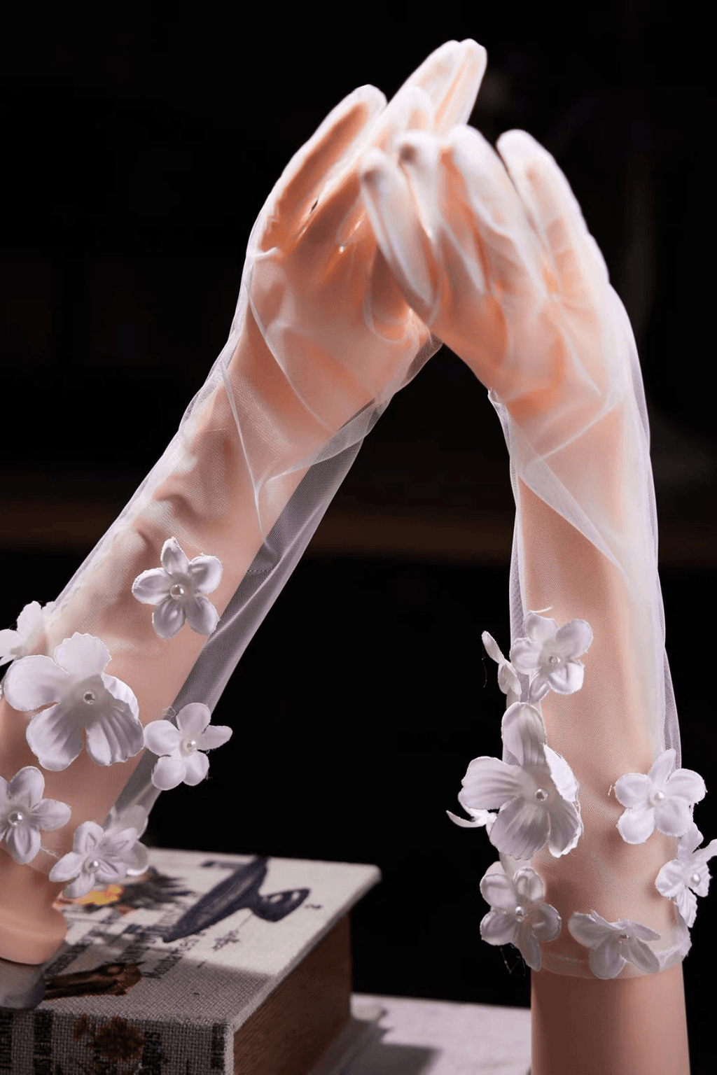 3D Pearl Flower Decor Sheer Tulle Long Gloves Avalabel