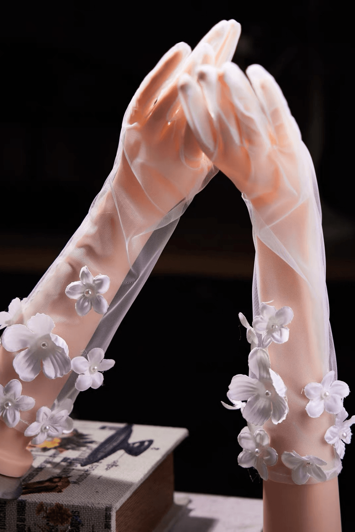 3D Pearl Flower Decor Sheer Tulle Long Gloves Avalabel