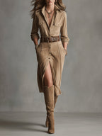 Women's Brown Fashion Suede Midi Dress Avalabel