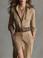 Women's Brown Fashion Suede Midi Dress Avalabel