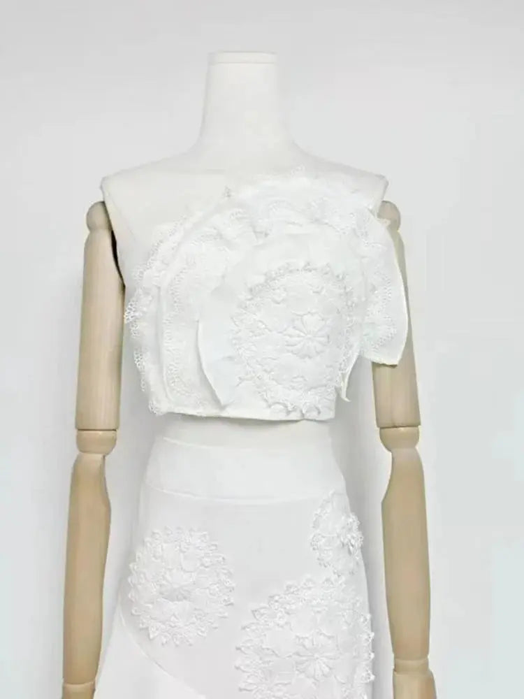 Nina Ruffled Strapless Top Floral Embroidered Mermaid Skirt Set - White Avalabel