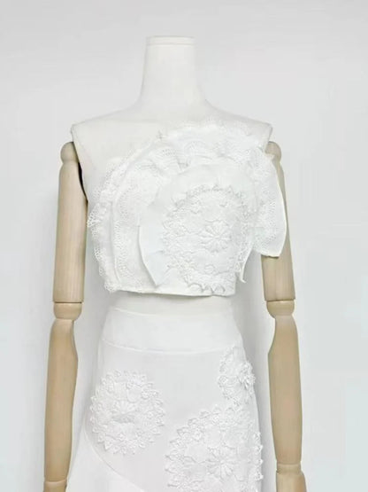 Nina Ruffled Strapless Top Floral Embroidered Mermaid Skirt Set - White