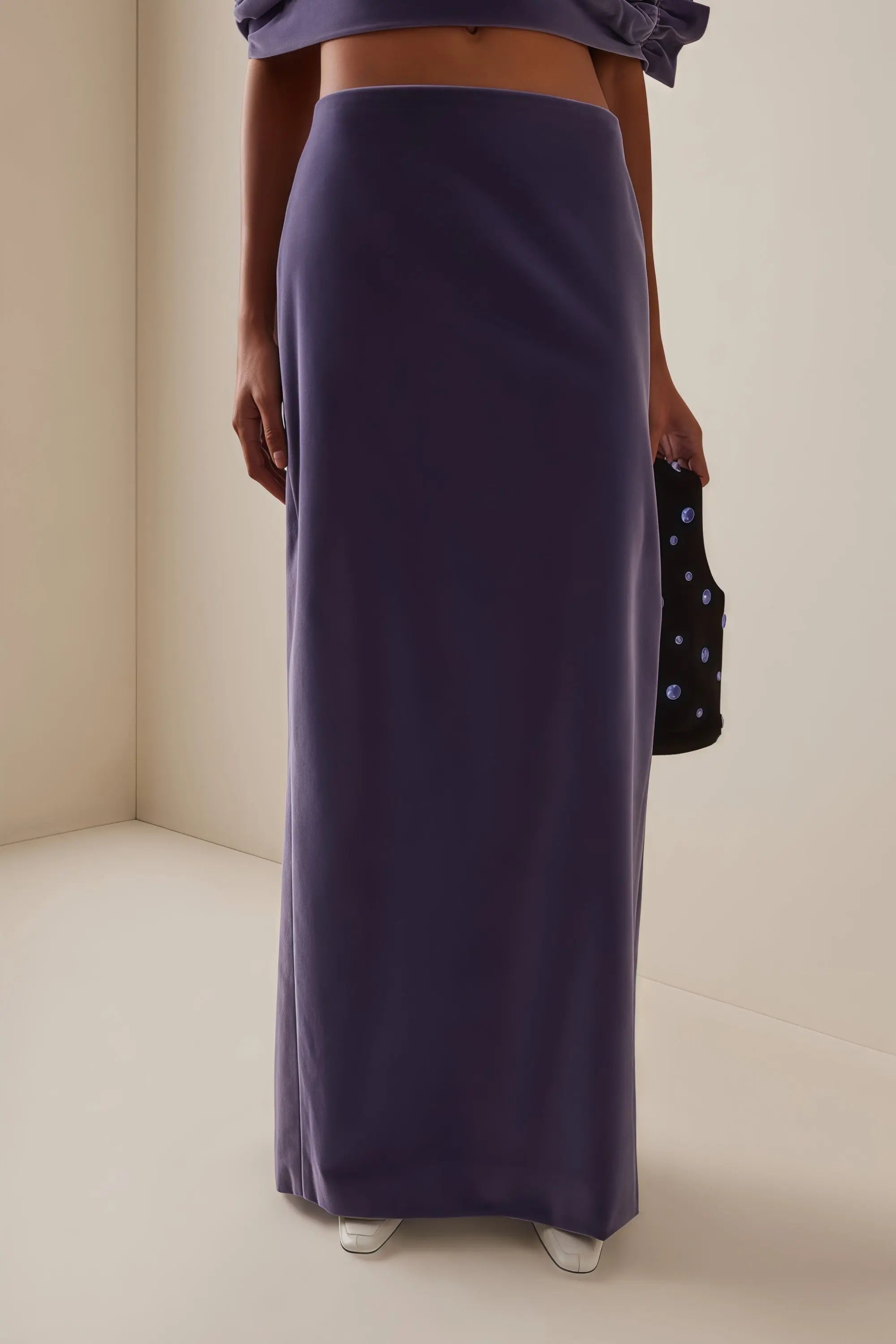 purple Asymmetrical cropped top velvet skirt two-piece set Avalabel