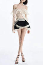 apricot One-shoulder tube top with backless ruffled mesh skirt set Avalabel