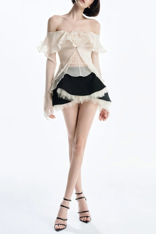 apricot One-shoulder tube top with backless ruffled mesh skirt set Avalabel