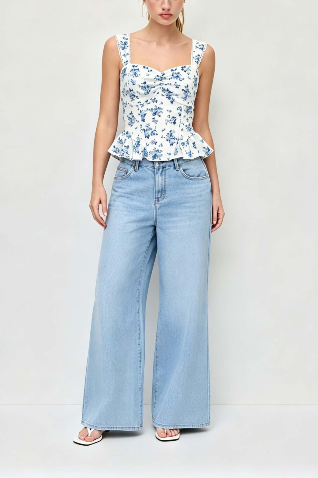 Lyla Blue Floral Lace Strap Twist Bust Peplum Corset Cami Top Avalabel