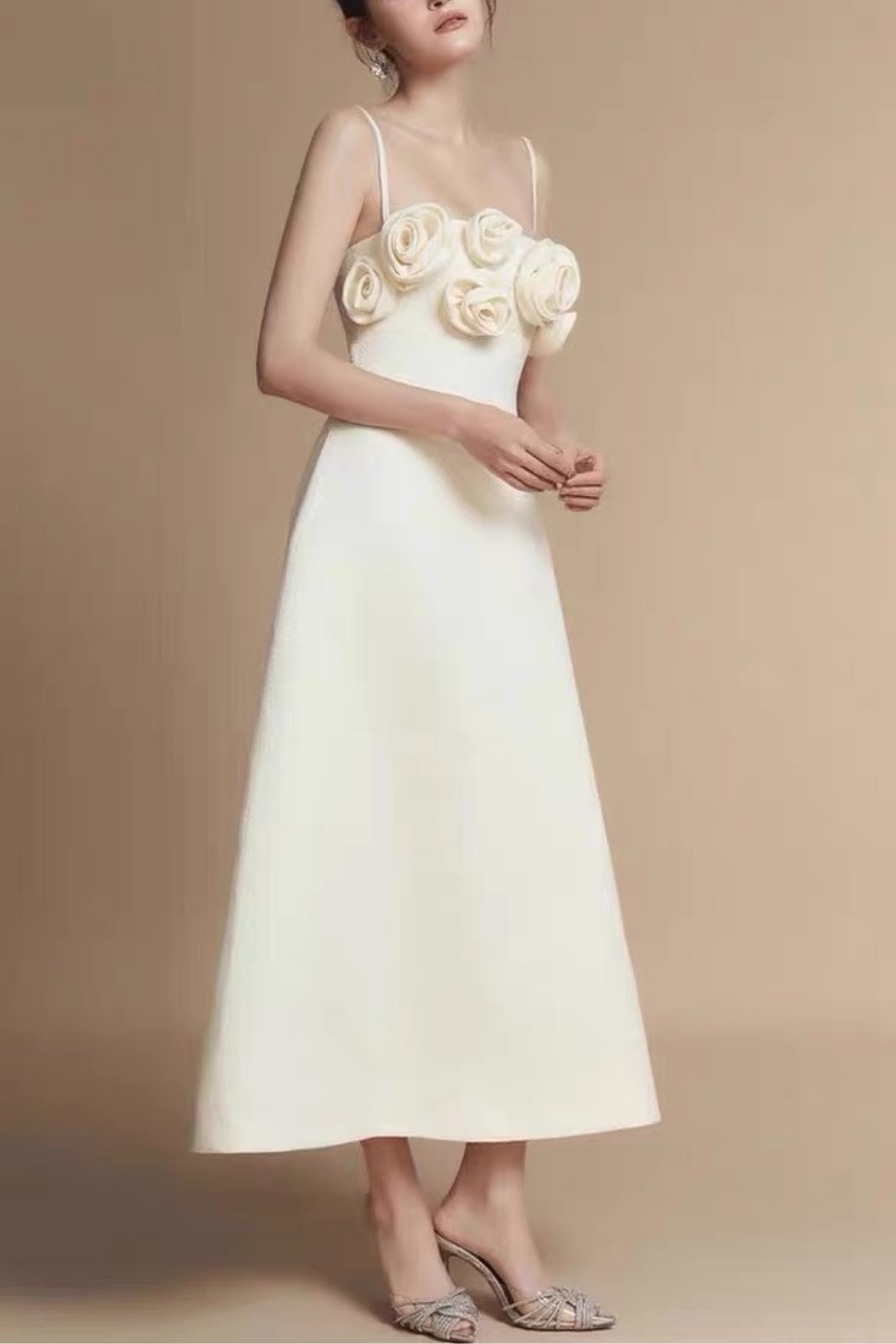 Clara 3D Floral Applique Spaghetti Strap White Midi Dress Avalabel