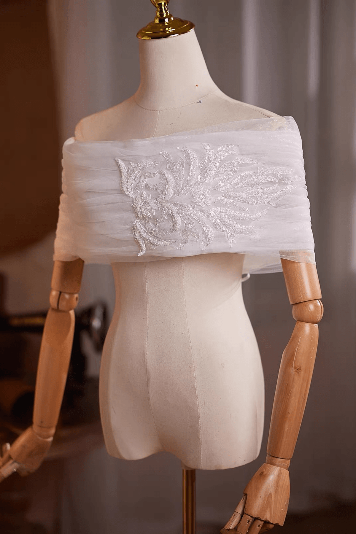 White Sheer Tulle Off‑Shoulder Beaded Embroidery Shawl Avalabel