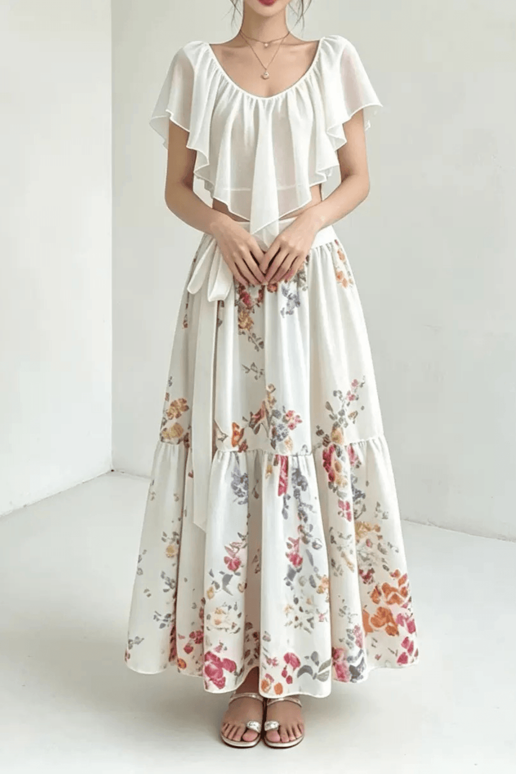 Lexi Ruffle Crop Top and Floral Skirt Two Piece Set Avalabel