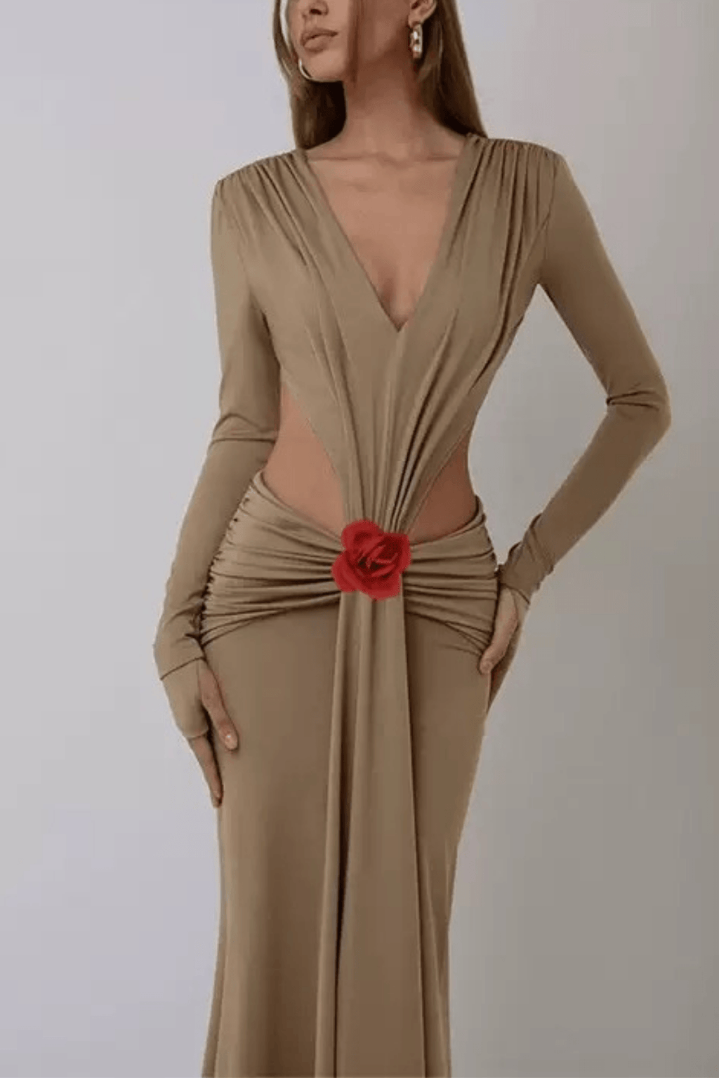 Gloria Long Sleeve Cutout Waist Floral Accent Maxi Dress Avalabel