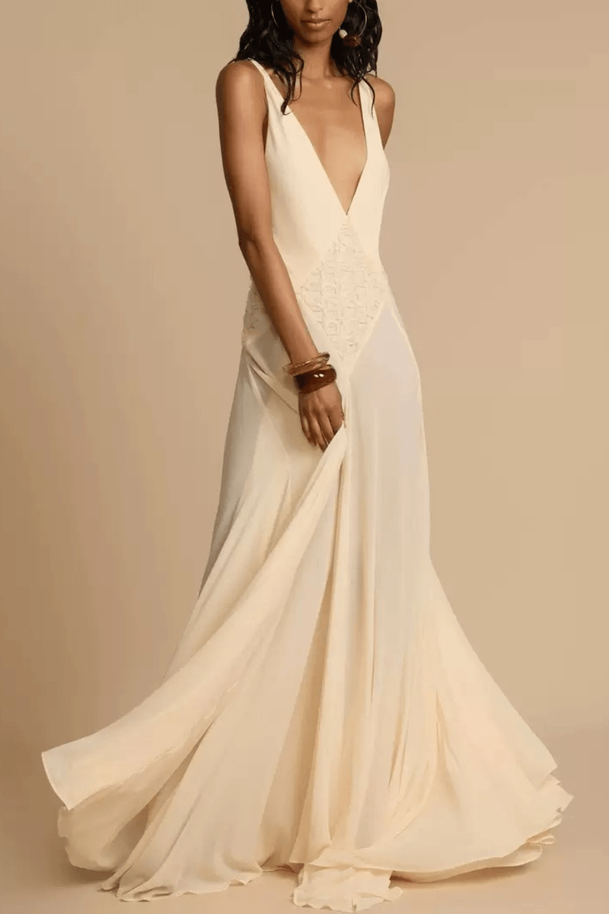 Elsa Deep V Lace Panel Chiffon Maxi Dress Avalabel