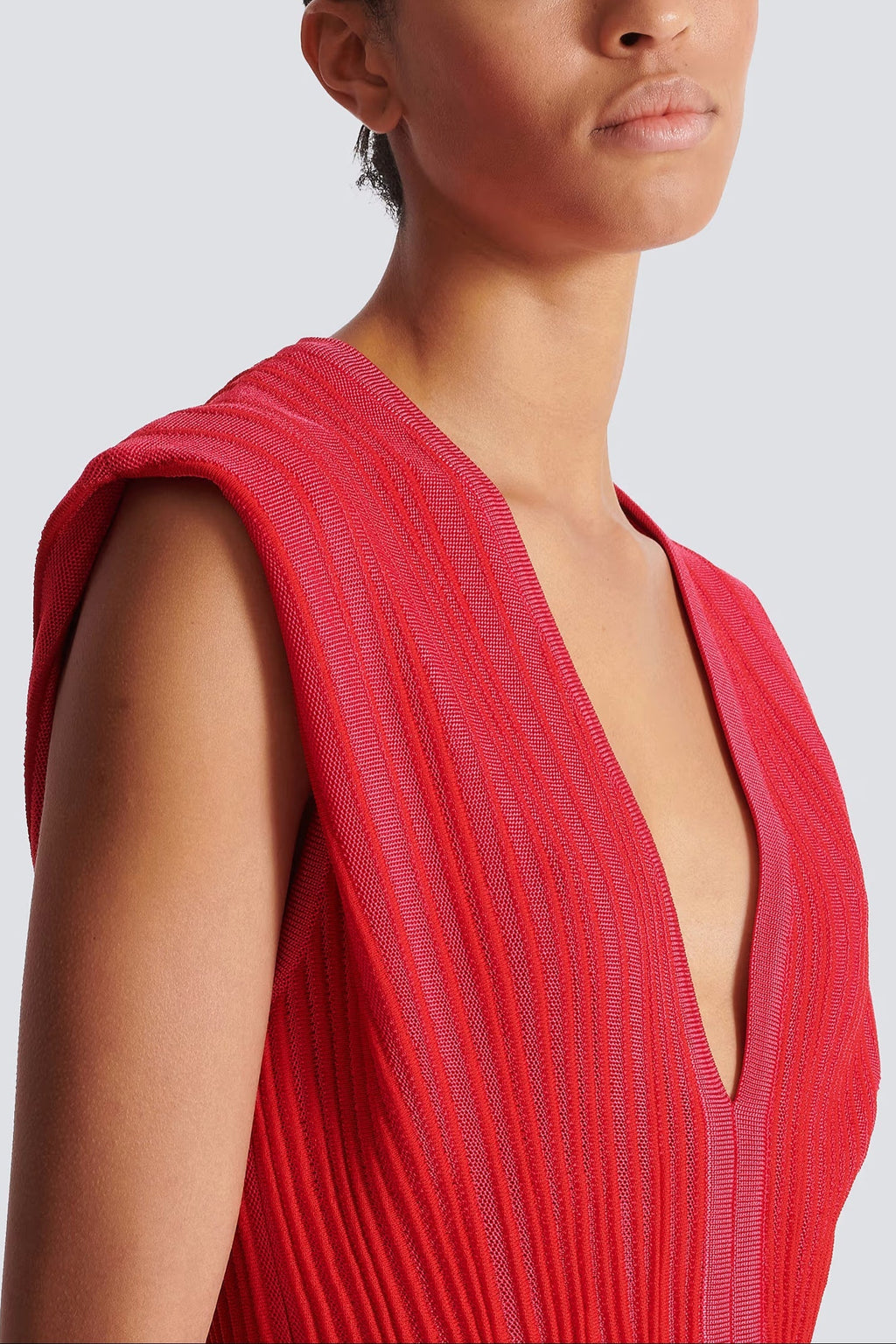 V-Neck Sleeveless Flared Knit Mini Dress in Red Avalabel
