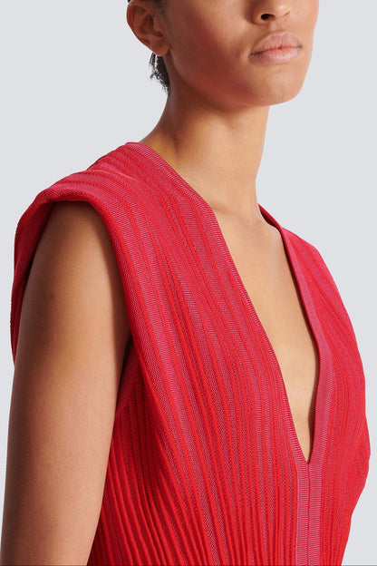 V-Neck Sleeveless Flared Knit Mini Dress in Red