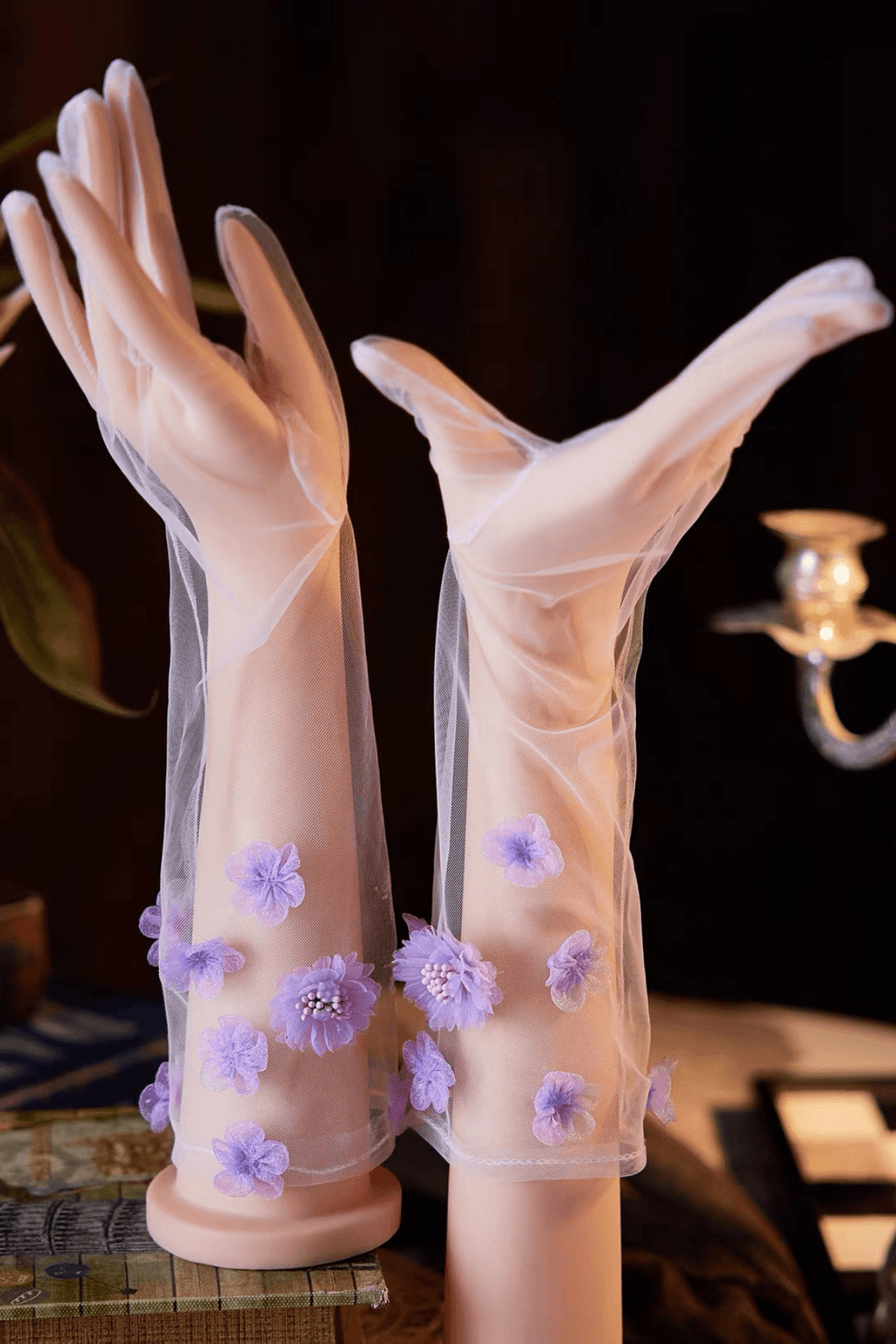 Purple 3D Flower Decor Sheer Tulle Long Gloves Avalabel