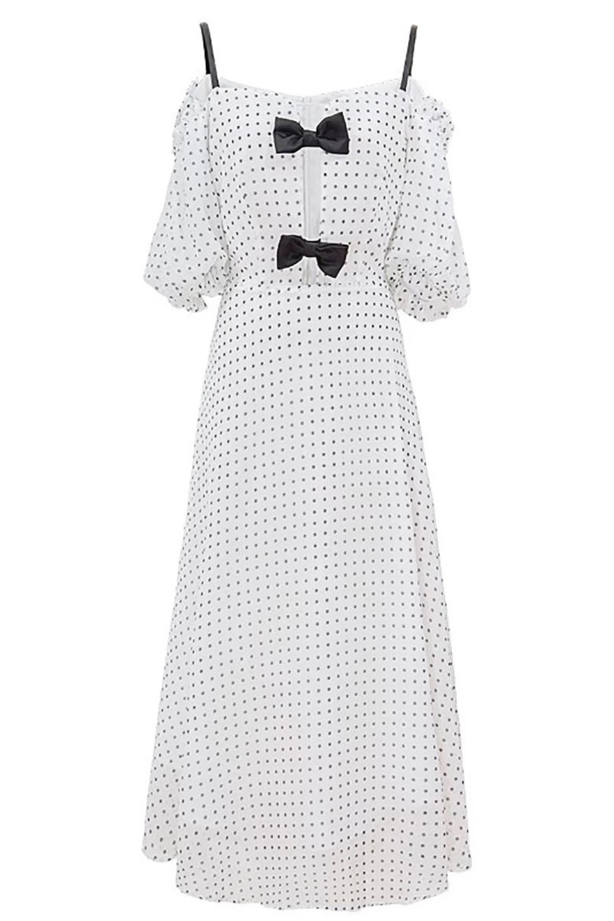White Polka Dot Off-Shoulder Bow Midi Dress Avalabel