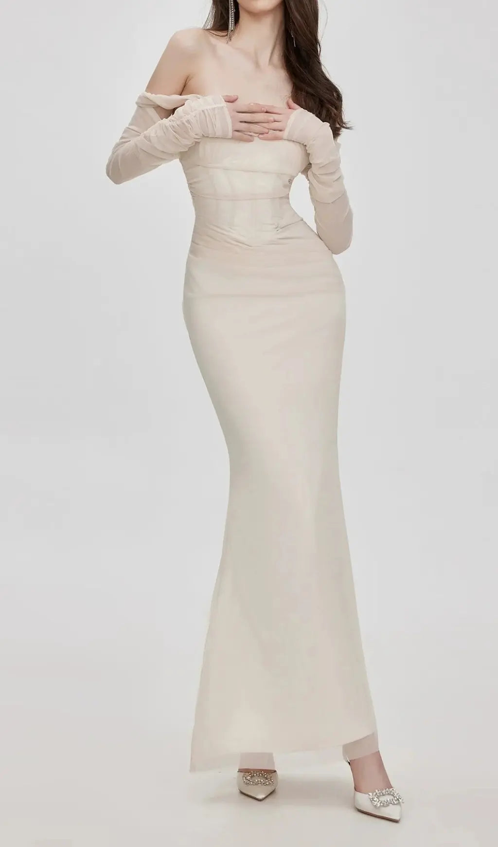 Ariel Apricot Mesh Off-Shoulder Mermaid Maxi Dress Avalabel