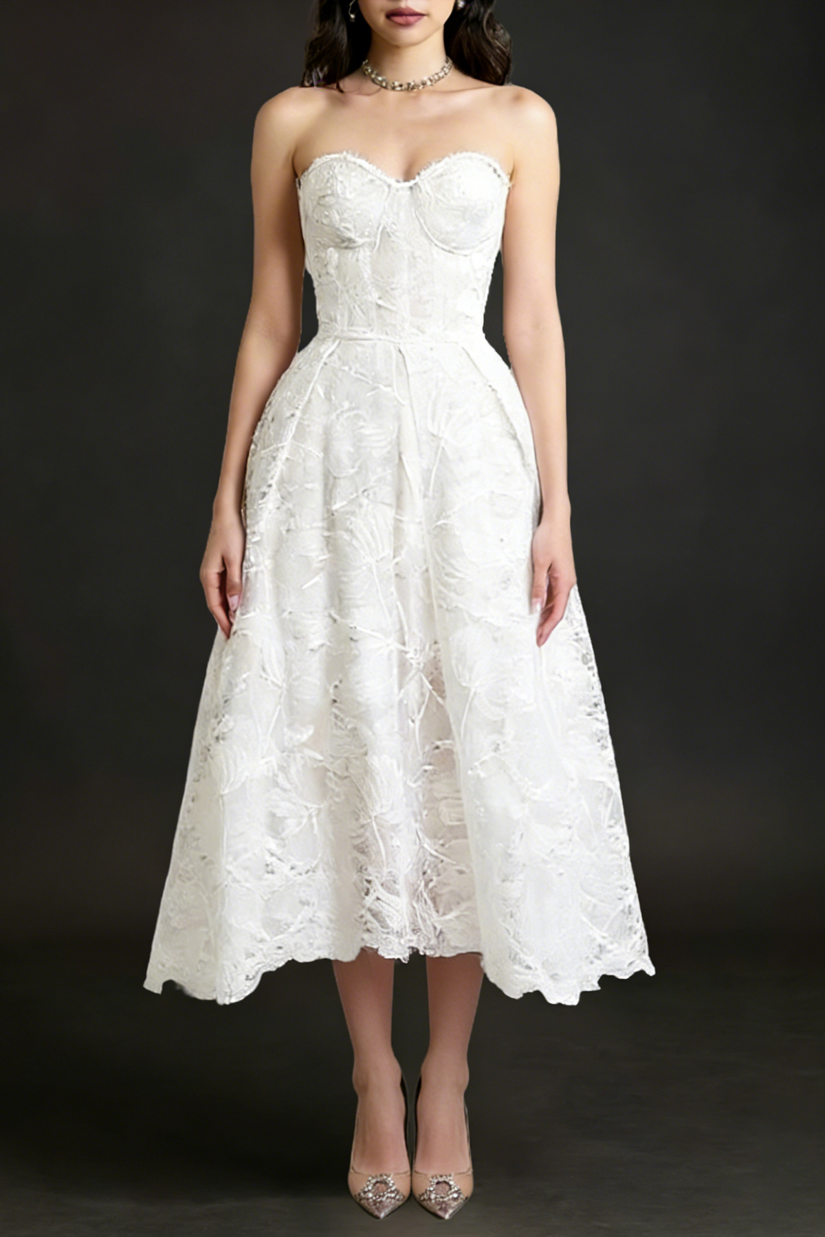 AGNENS White Sexy Strapless Embroidered Lace Midi Dress Avalabel