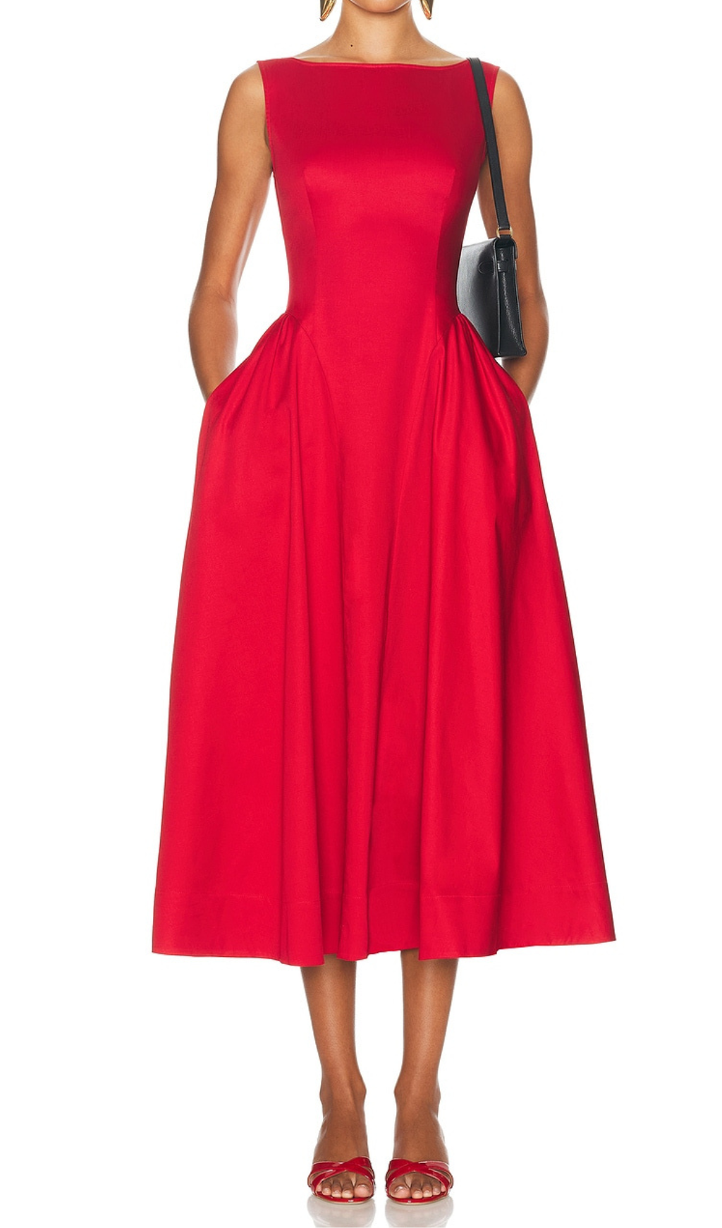 Stretch Cotton Sateen Midi Dress in red Avalabel