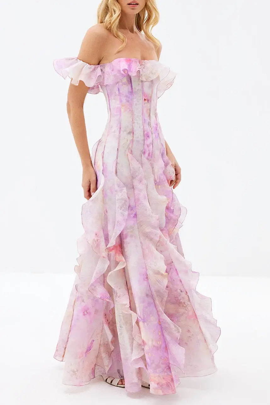 Helen Floral Frill Off-Shoulder Maxi Dress in Pink Avalabel