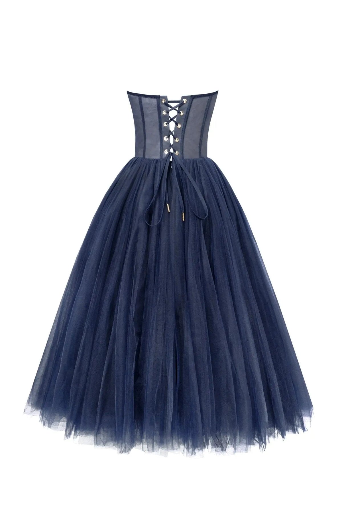 Navy Strapless Puffy Midi Tulle Dress Avalabel