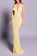 Kasey Halter Bow Beaded Mermaid Maxi Dress in Yellow Avalabel