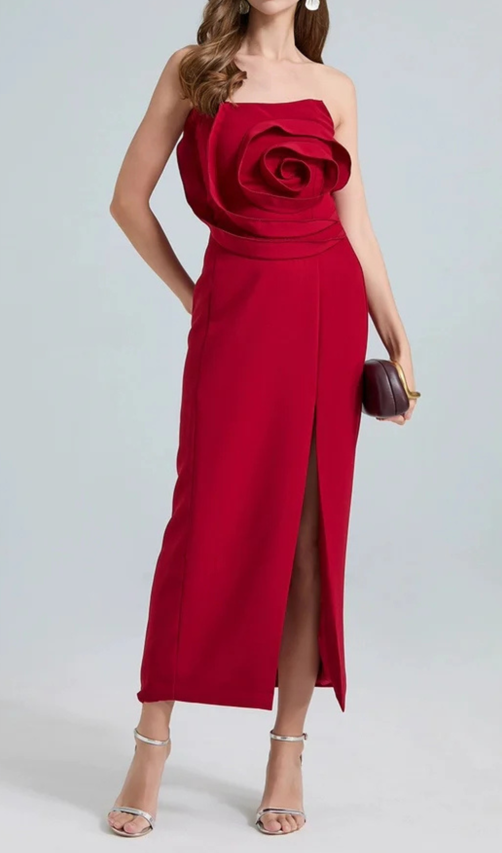 Michelle 3D Flower Strapless Midi Dress in Red Avalabel