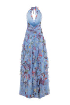 Floral Halter Ruffle Tulle Maxi Dress in Blue Avalabel